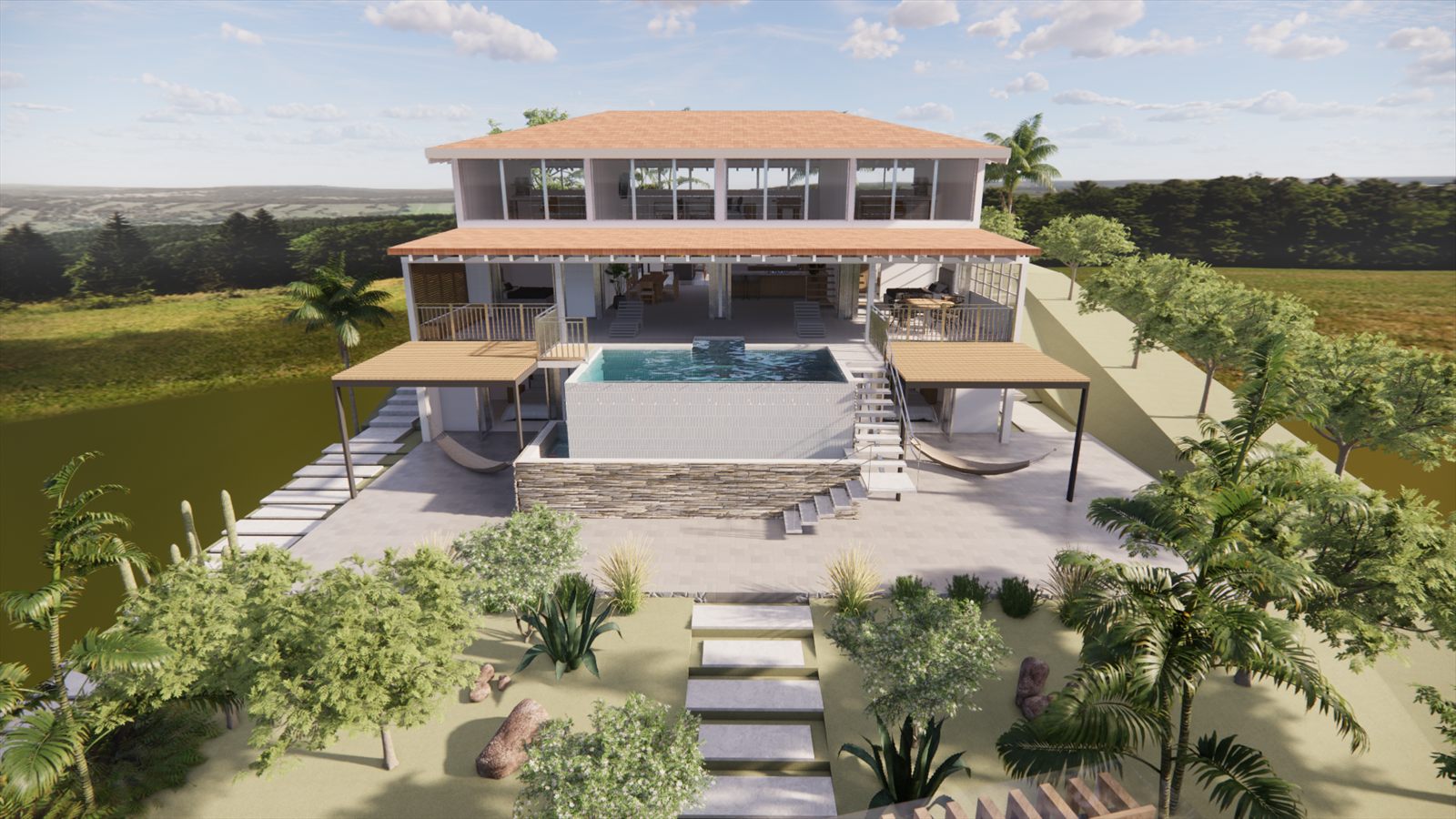 Coral Dreams & Ocean Whispers — the villa from the garden, pool terrace stepping down the slope.